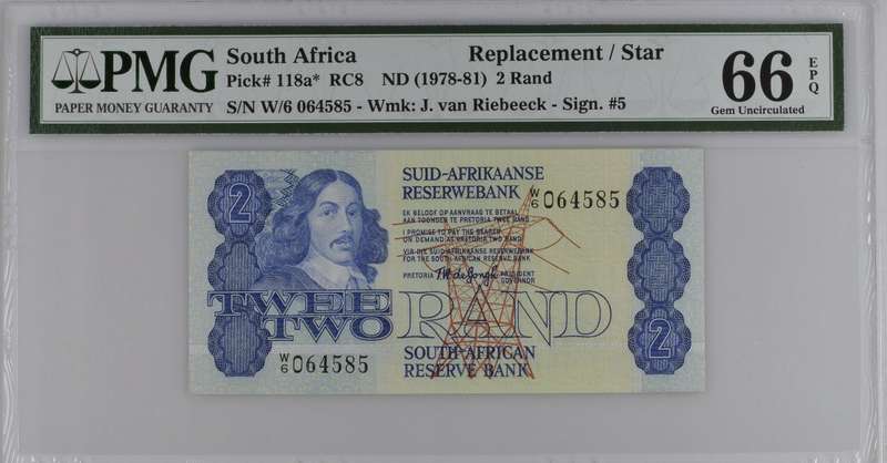 1978 W/6 Replacement Twee Two Rand Note PMG66 GEM UNC EPQ GPC de Kock W/6 064585