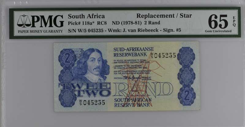 1978 W/5 Replacement Twee Two Rand Note PMG65 GEM UNC EPQ GPC de Kock W/5 045235