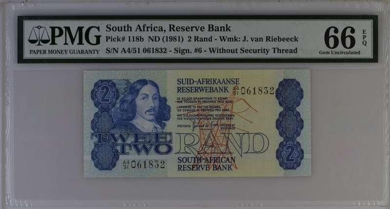 Graded 1981 Twee Two Rand Note GPC de Kock PMG 66 GEM UNC EPQ Without Security Thread