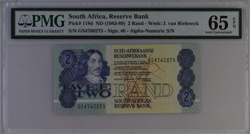 Graded 1989 Twee Two Rand Note GPC de Kock PMG 65 GEM UNC EPQ GS4760275