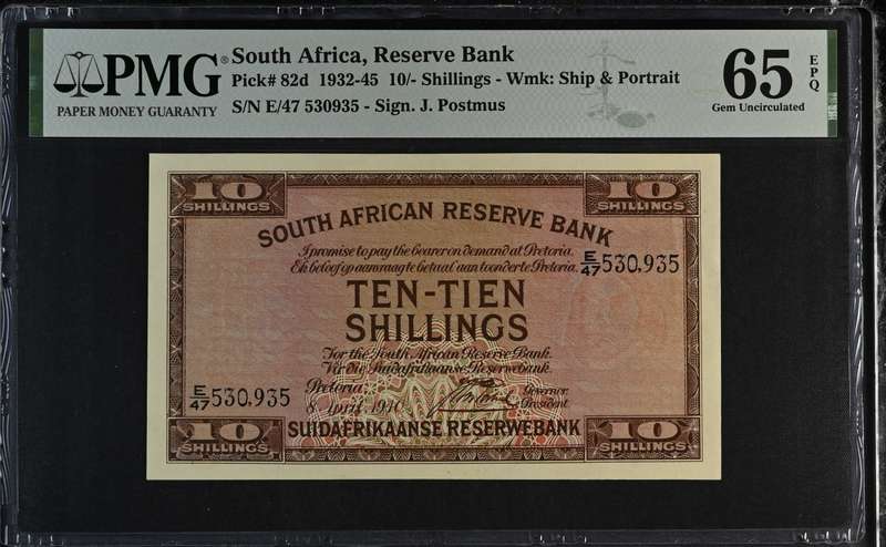 8 April 1940 Postmus Ten Tien Shillings Graded PMG 65 GEM UNCIRCULATED