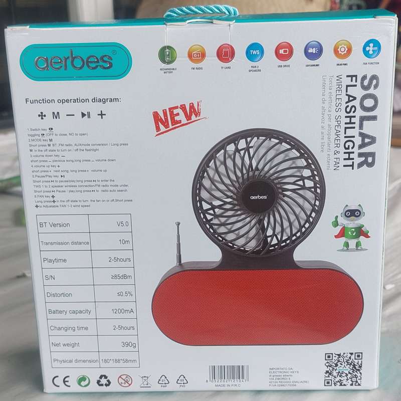 Aerbes solar fan with wireless radio and USB connectivity