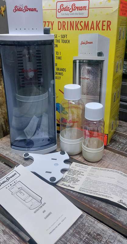 vintage never used in box soda stream incl 3 different size bottles