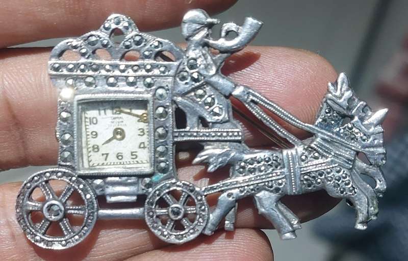 rare vintage pure silver with marcsites brooche watch