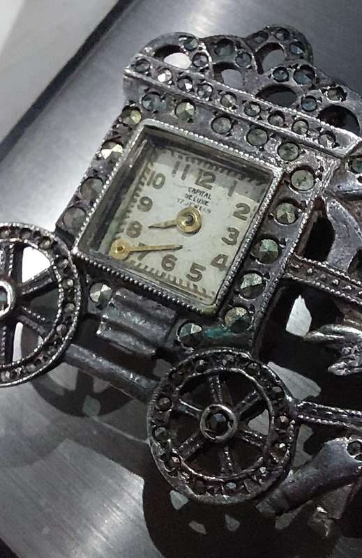 rare vintage pure silver with marcsites brooche watch