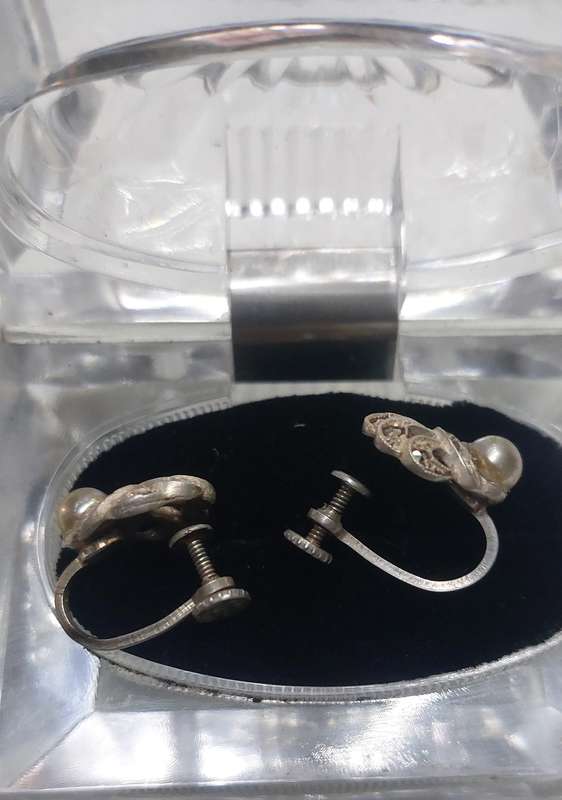 vintage solid silver real pearl and marcasite earrings
