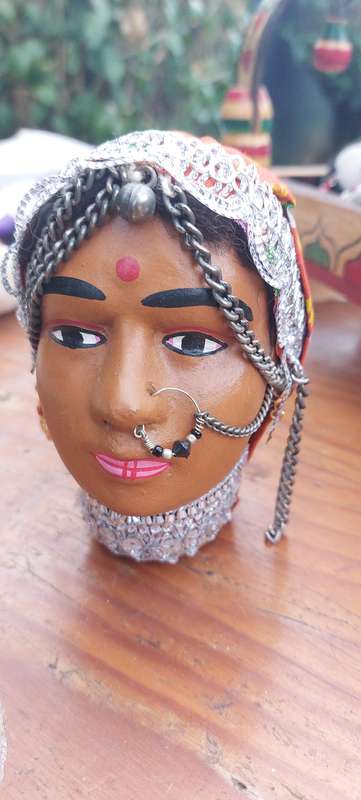 Vintage old solid clay tribal head super details with jewelry and clothing
