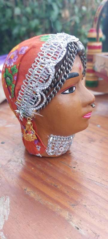 Vintage old solid clay tribal head super details with jewelry and clothing