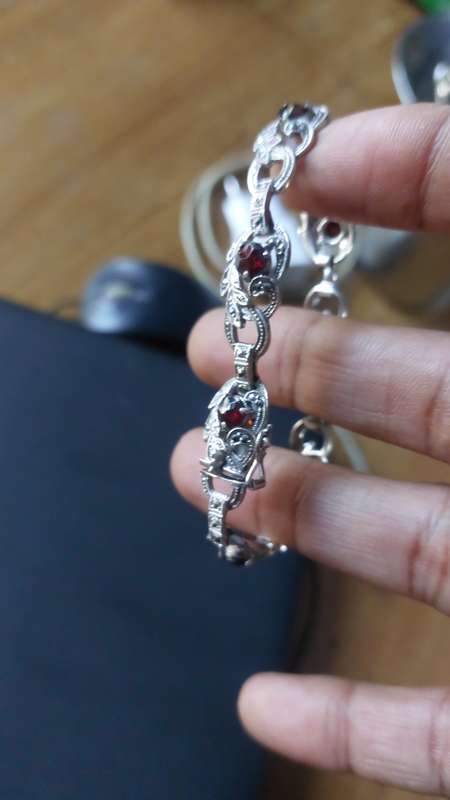 MARCASITE AND GARNETS SET IN pure SILVER HAND CHAIN