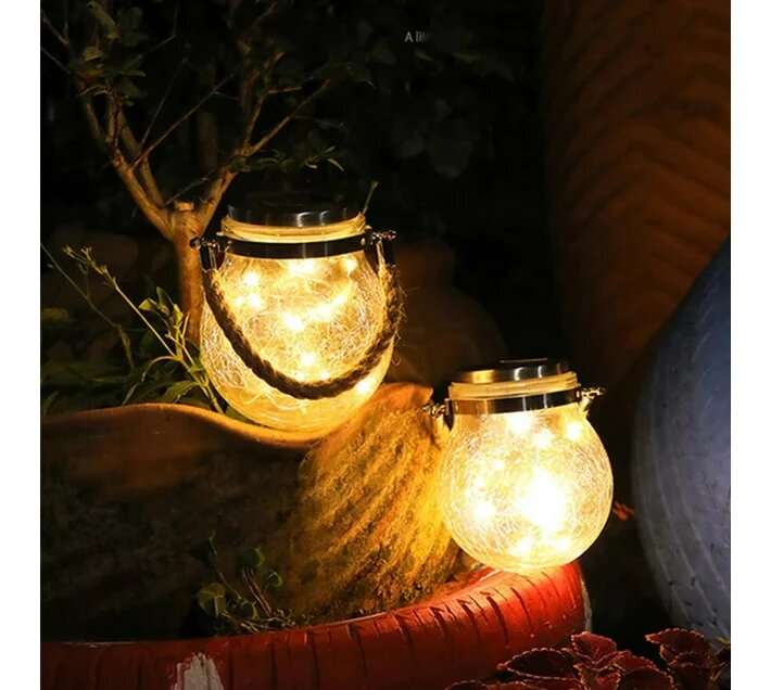 Solar Cracked Glass Hanging Lanterns with Handles  Set of 2