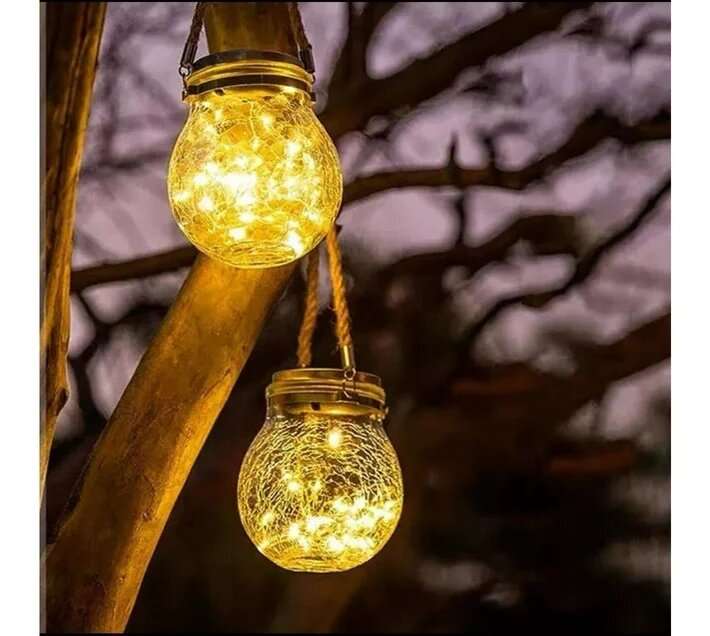 Solar Cracked Glass Hanging Lanterns with Handles  Set of 2