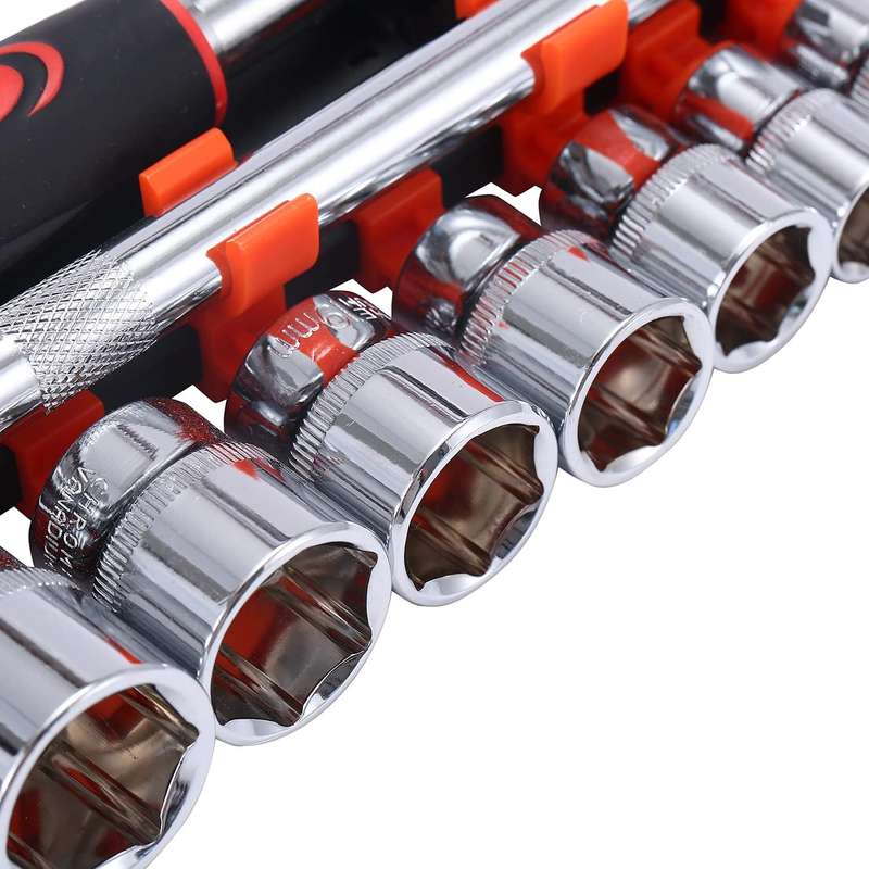 12Pcs Socket Set, 10-24mm Metric Drive with 24-Teeth Quick-Released Ratchet Wrench and 6" Extension