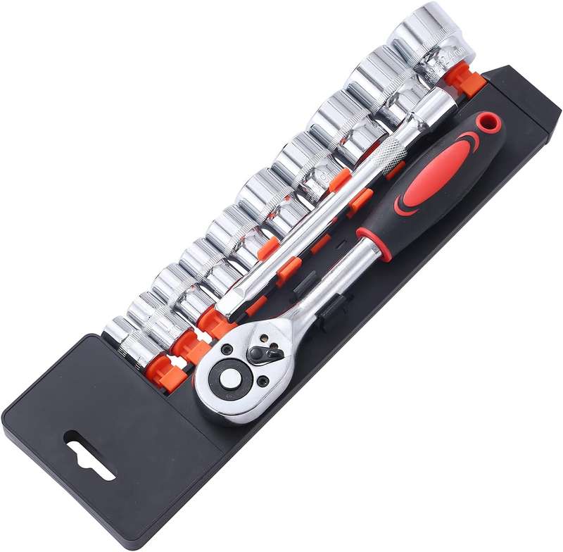 12Pcs Socket Set, 10-24mm Metric Drive with 24-Teeth Quick-Released Ratchet Wrench and 6" Extension