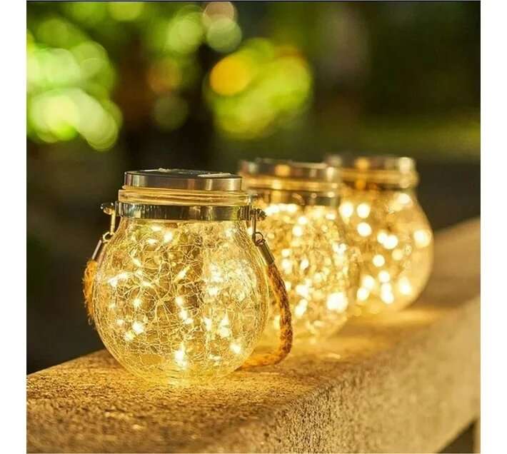 Solar Cracked Glass Hanging Lanterns with Handles  Set of 2