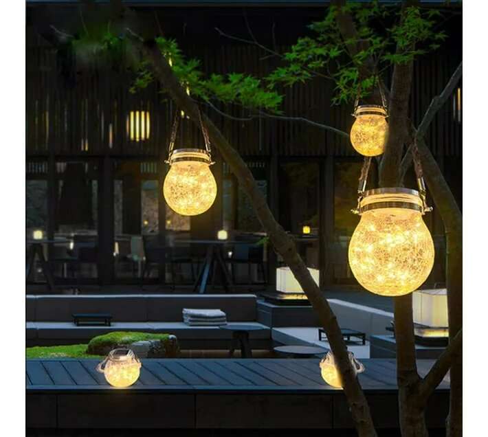 Solar Cracked Glass Hanging Lanterns with Handles  Set of 2