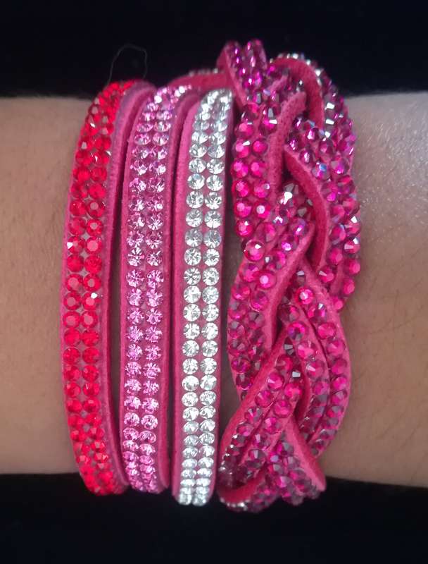 Multilayer Double Wrap Faux Suede Pink Rhinestone Bracelet