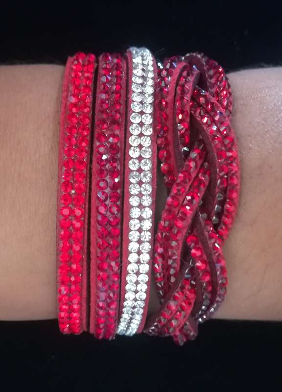 Multilayer Double Wrap Faux Suede Red Rhinestone Bracelet