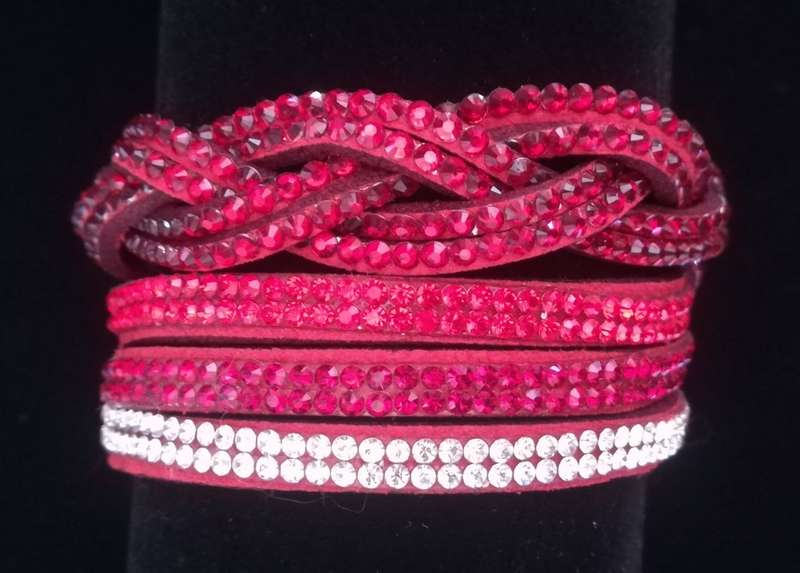Multilayer Double Wrap Faux Suede Red Rhinestone Bracelet