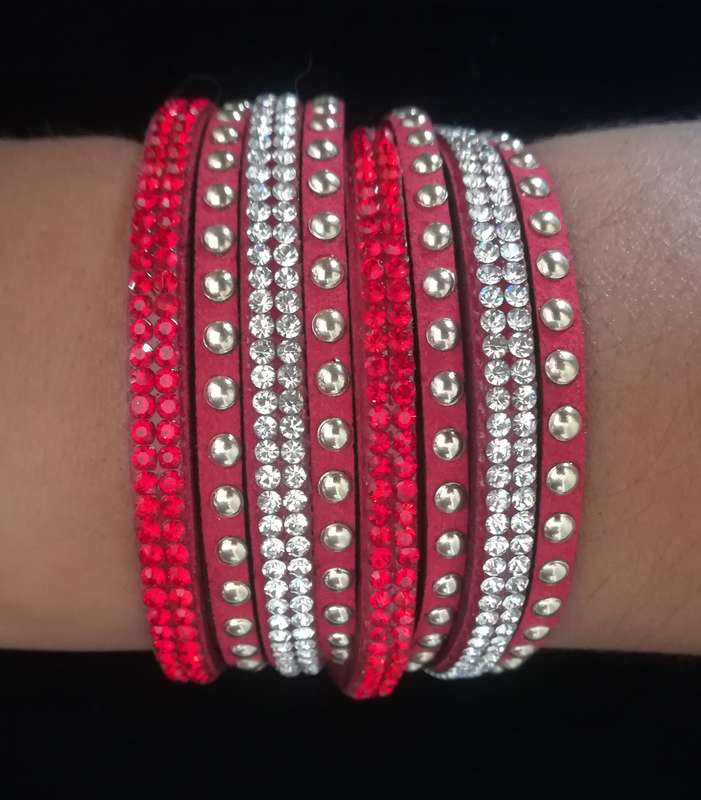 Multilayer Double Wrap Faux Suede Red Rhinestone Studded Bracelet