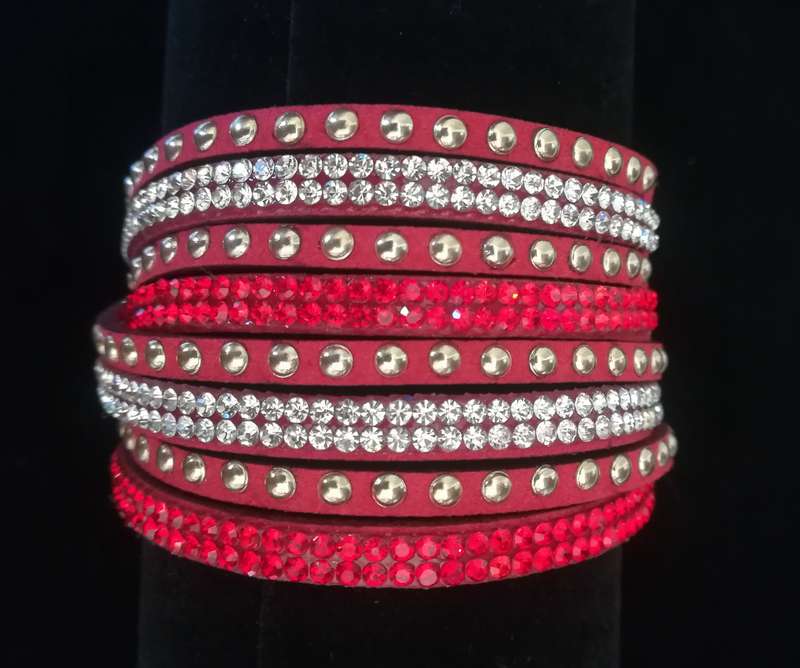Multilayer Double Wrap Faux Suede Red Rhinestone Studded Bracelet