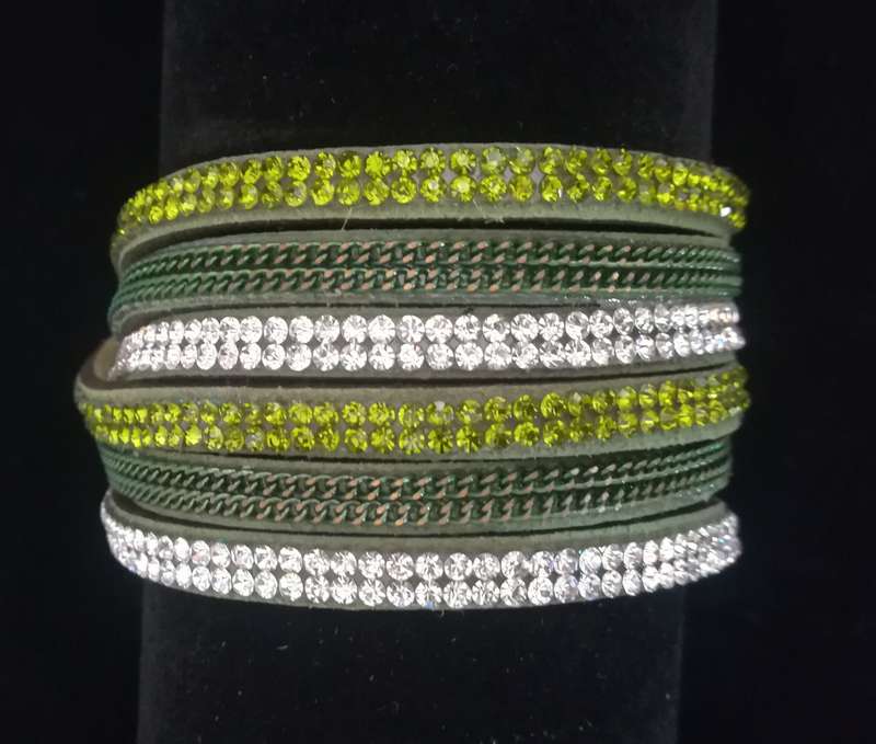 Multilayer Double Wrap Faux Suede Green Rhinestone Bracelet