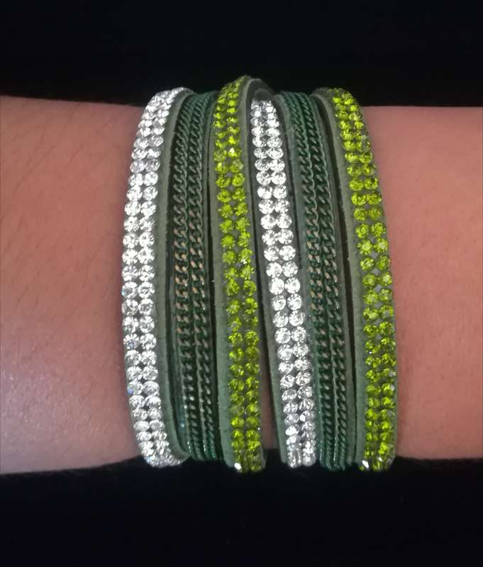 Multilayer Double Wrap Faux Suede Green Rhinestone Bracelet