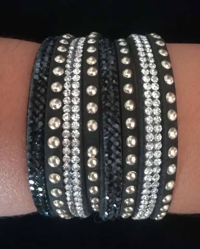 Multilayer Double Wrap Faux Suede Black Rhinestone Studded Bracelet