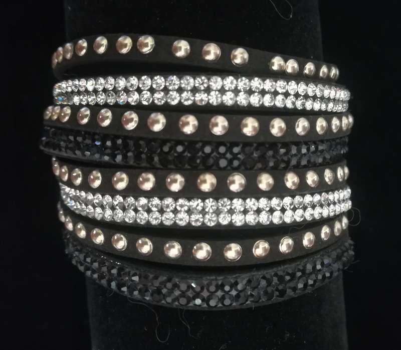 Multilayer Double Wrap Faux Suede Black Rhinestone Studded Bracelet