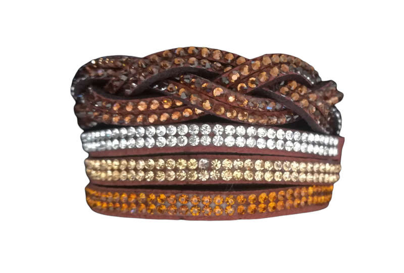 Multilayer Double Wrap Faux Suede Brown Rhinestone Bracelet