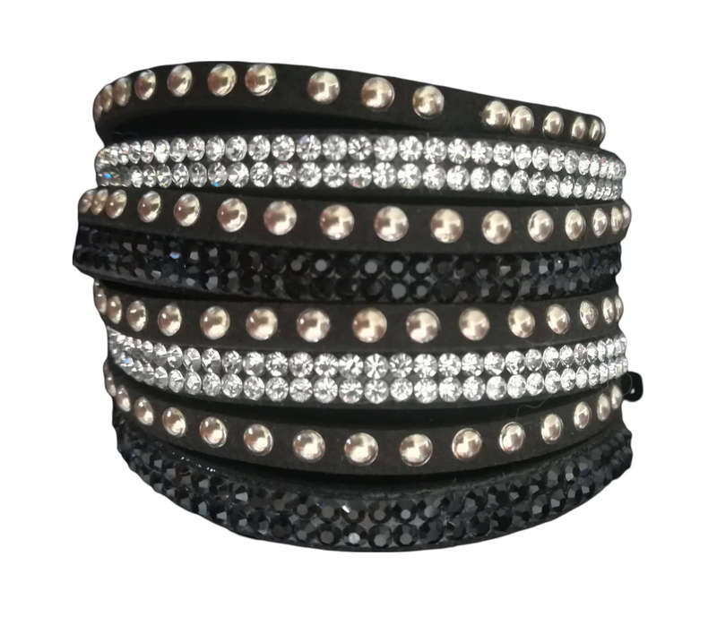 Multilayer Double Wrap Faux Suede Black Rhinestone Studded Bracelet