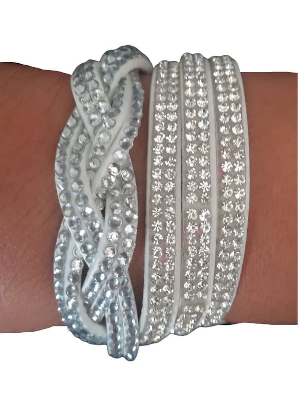 Multilayer Double Wrap Faux Suede White Rhinestone Bracelet
