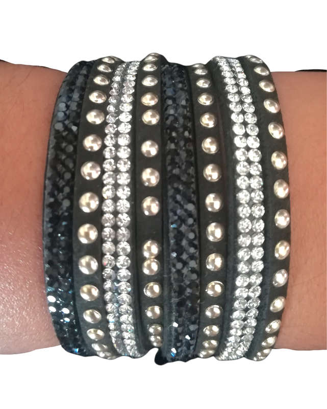 Multilayer Double Wrap Faux Suede Black Rhinestone Studded Bracelet