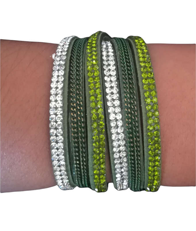 Multilayer Double Wrap Faux Suede Green Rhinestone Bracelet