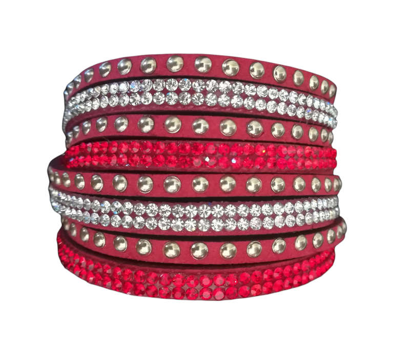 Multilayer Double Wrap Faux Suede Red Rhinestone Studded Bracelet
