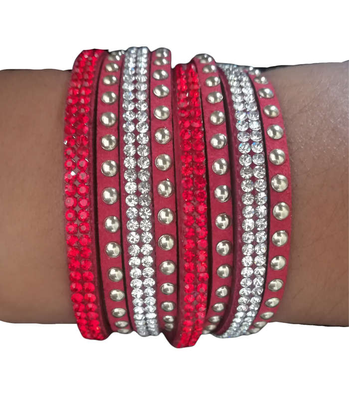 Multilayer Double Wrap Faux Suede Red Rhinestone Studded Bracelet