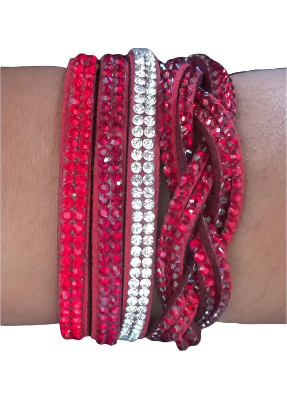 Multilayer Double Wrap Faux Suede Red Rhinestone Bracelet