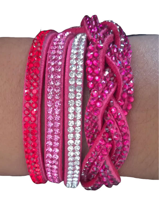 Multilayer Double Wrap Faux Suede Pink Rhinestone Bracelet