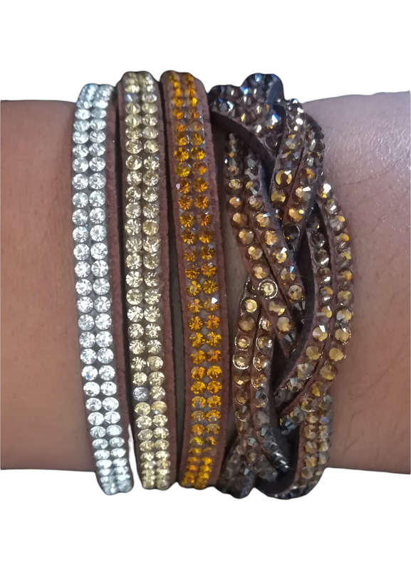Multilayer Double Wrap Faux Suede Brown Rhinestone Bracelet