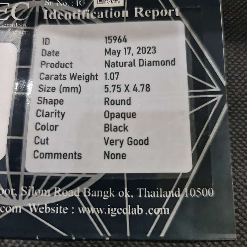 IGEC CERTIFIED 1.07 CARAT BLACK DIAMOND