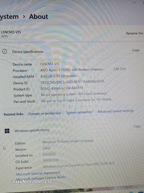 LENOVO V15 G4 AMD RYZEN 5 RADEON GRAPHICS 512GIG NVME 8GIG RAM WINDOWS 11 24H2