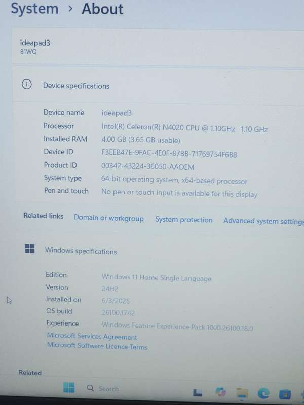 LENOVO IDEAPAD 3 INTEL CELERON N4020 500GIG HDD 4GIG RAM WINDOWS 11PRO 24H2