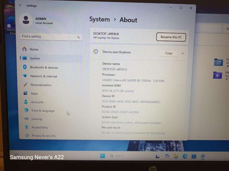 HP LAPTOP 15s-fq3xxx INTEL N4500 128gig NVMe 4gig Ram Microsoft Window's 24h