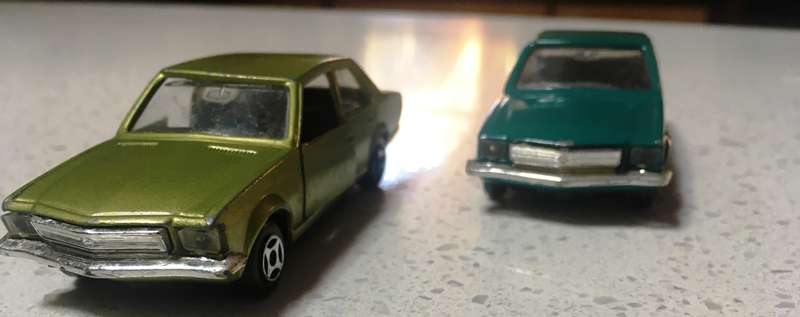 2 x Opel Rekord 1700 Polystill Loose Played With Green Metallic & Blue