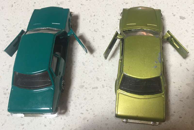 2 x Opel Rekord 1700 Polystill Loose Played With Green Metallic & Blue