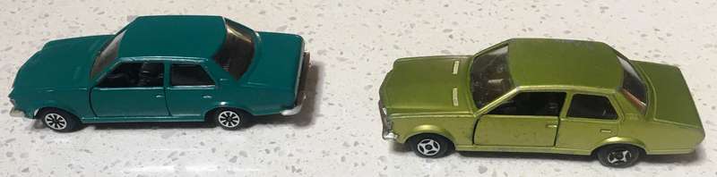 2 x Opel Rekord 1700 Polystill Loose Played With Green Metallic & Blue