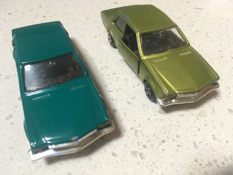 2 x Opel Rekord 1700 Polystill Loose Played With Green Metallic & Blue