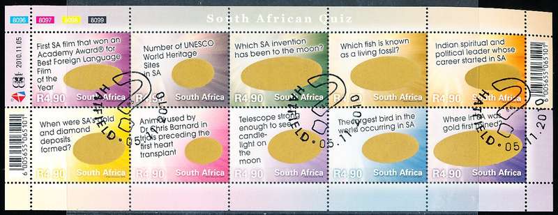 RSA  -  2010 -   South African Quiz  SHEET   - CTO  USED