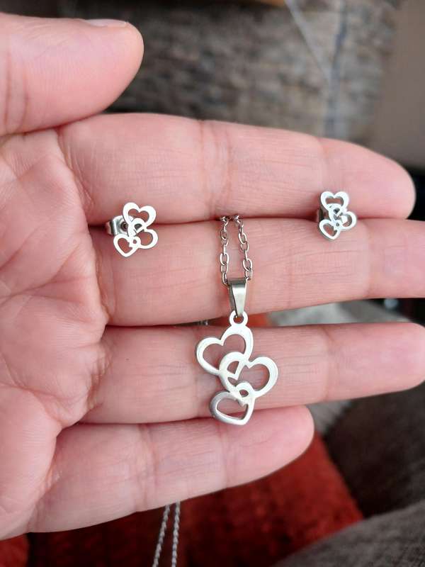 Stainless Steel Hearts Pendant Necklace and Earrings Set
