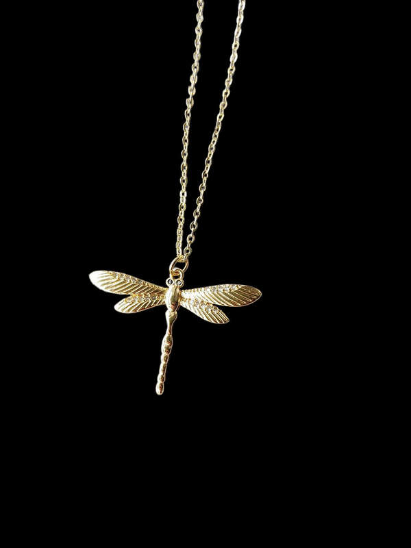 Golden Metal Dragonfly Pendant Necklace