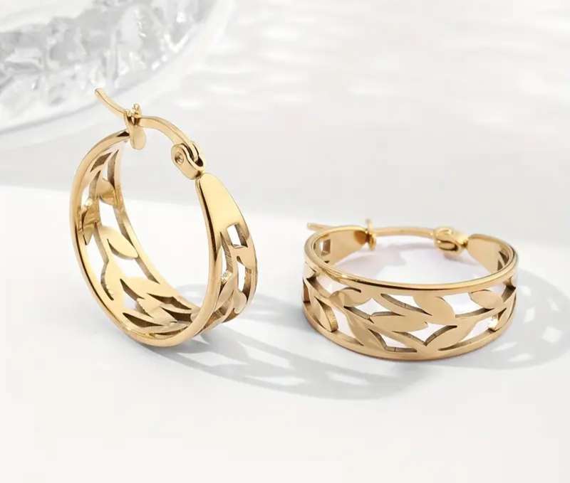 Elegant Gold Plated Olive Branch Hoop Earrings Stainless Steel Vintage Design